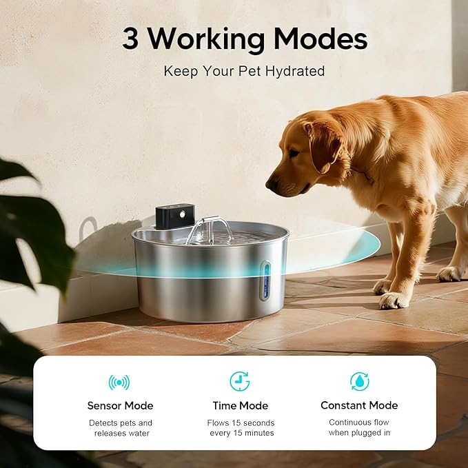 Voluas Dog Water Fountain, Automatic Water Dispenser for Dogs, 236oz/1.8Gal/7L Wireless Stainless Steel Pet Fountains, Battery Operated Cat Dispenser with Ultra-Silence Pump