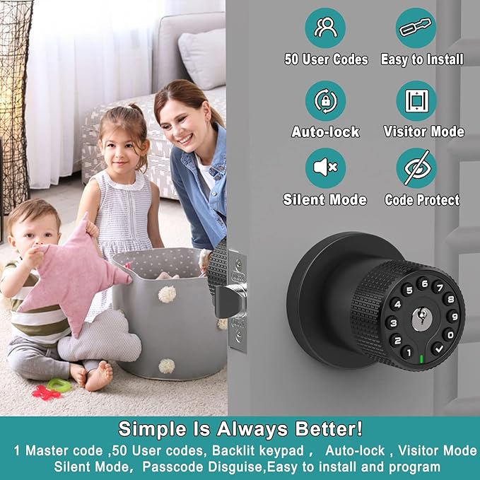 Keypad Door Knob with Key,Keyless Entry Door Lock, Code Locks Door Knob, Auto Lock,50 User Code,Easy to Install,for Home,Office,Bedroom,Garage,No Deadbolt