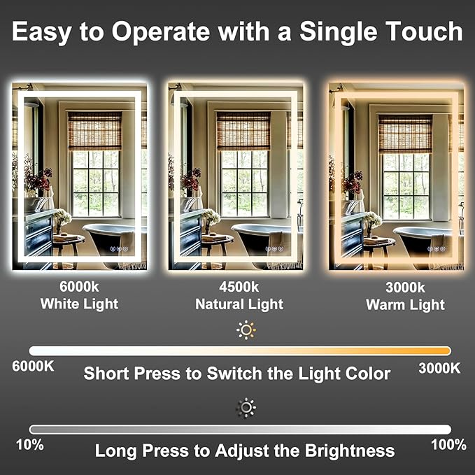 GLSLAND 24"x36" LED Bathroom Mirror with Lights, Dimmable Front and Backlit Vanity Mirrors, Wall Mounted Anti-Fog Lighted Mirror, Horizontal/Vertical Hanging