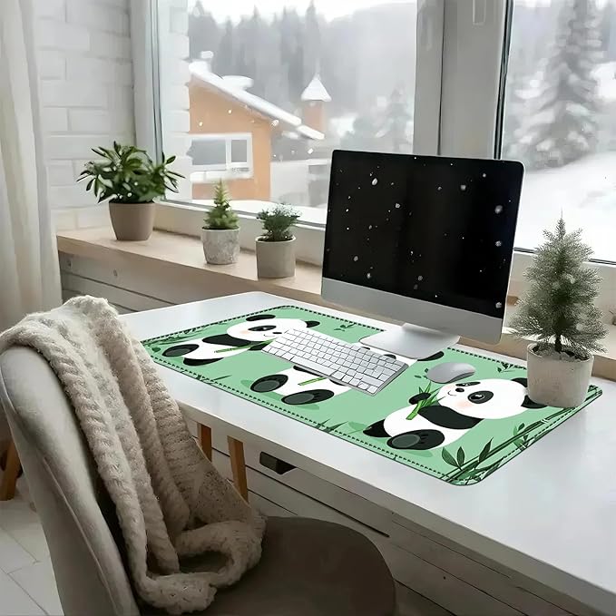 Heated Mouse Pad with 3 Temperature Settings(104°F–122°F),Large 31.5x13 Inch PU Leather Heated Desk Mat,Waterproof Warming Pad for Office,Gaming & Cold Hands Relief,Cute Three Pandas