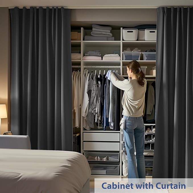 Room Divider Ceiling Mounted Curtains Track Sets Extra Wide Blackout Curtain Flexible Tracks for Bedroom Privacy Partition Separator, 1 Panel Black Drape and White Rail, W15 x H7ft