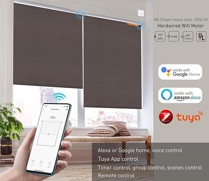110V/120V Tuya WiFi 35mm Roller Blinds Motor Wired, 6N 20rpm, Smart Google Alexa APP Electric Remote Control Motorized Roller Blinds