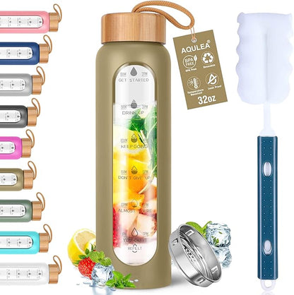 Aqulea Glass Water Bottles 32 Oz with Silicone Sleeve - BPA Free Reusable Wide Mouth Glass Motivational Water Bottles with Fruit Infuser – Leak Proof Borosilicate Water Bottle with Time Marker (Champ)
