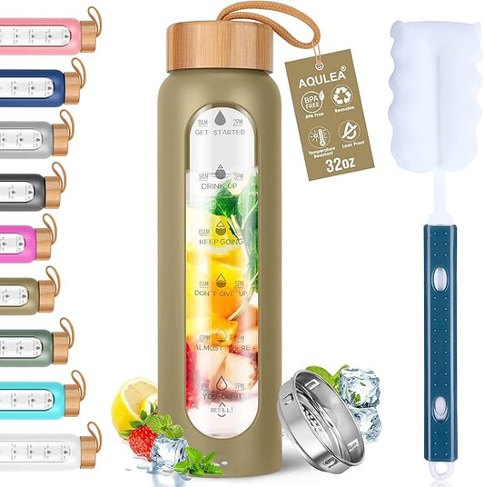Aqulea Glass Water Bottles 32 Oz with Silicone Sleeve - BPA Free Reusable Wide Mouth Glass Motivational Water Bottles with Fruit Infuser – Leak Proof Borosilicate Water Bottle with Time Marker (Champ)