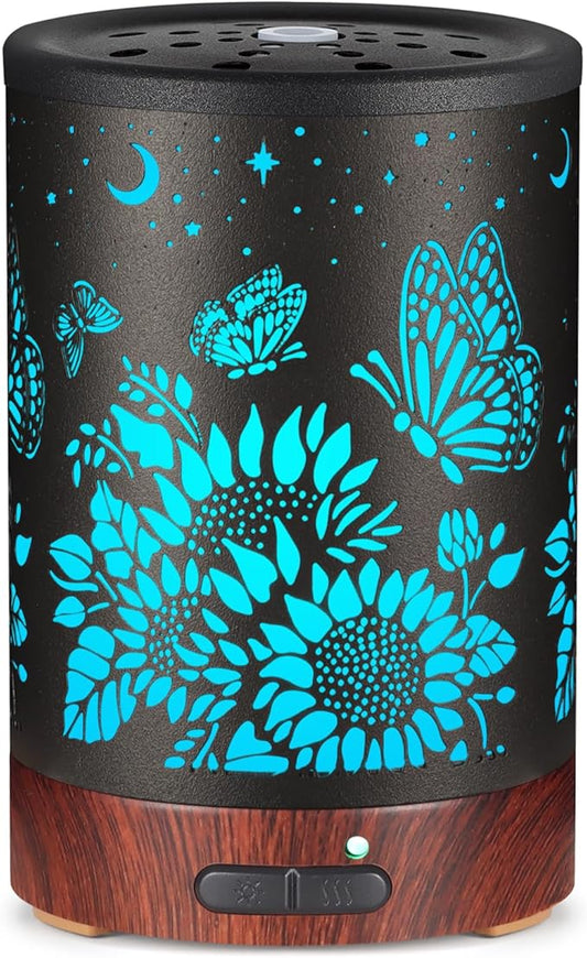 Essential Oil Diffuser- Aromatherapy Diffuser with7 Colors Light and Auto-Off for Women Metal Cool Mist Humidifier for Home and Office for Mom Women（Sunflower + Butterfly）
