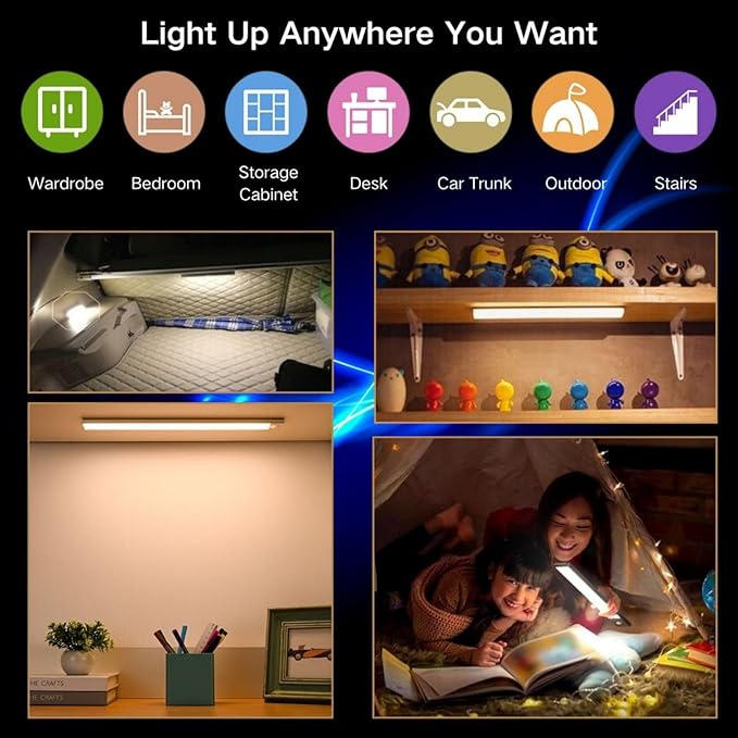 Motion Sensor Under Cabinet Lighting-Magnetic Rechargeable Closet Lights for Kitchen,Stairs,Wardrobe | 3-Color Dimmable LED Under Counter Lighting | Pro Battery Upgrade (4, 8 inch)
