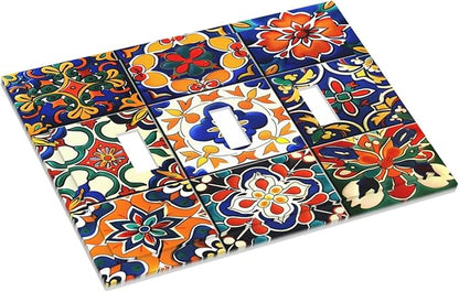 Decorative Switch Plates Colorful Mexican Talavera Vintage Boho Floral 3 Gang Wall Plate Triple Toggle Light Switch Cover Faceplate Electrical Wall Panels For Farmhouse Cabin Decor