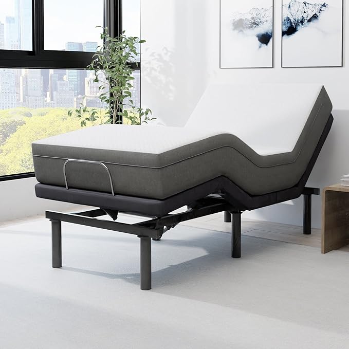 Blissful Nights e4 Twin XL Adjustable Bed Base Frame with 10" Medium Firm Gel Infused Memory Foam Mattress