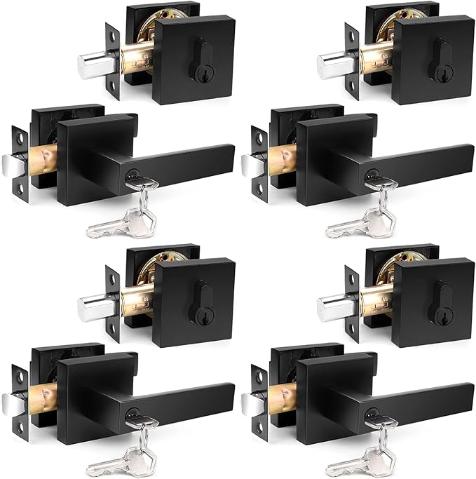 Probrico Square Keyed Entry Levers and Single Cylinder Deadbolts Combo Pack, Flat Black Heavy Duty Entrance Locksets for Office Bedroom and Front Door, 4 Pack Keyed Alike(All Same Keys)