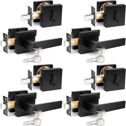 Probrico Square Keyed Entry Levers and Single Cylinder Deadbolts Combo Pack, Flat Black Heavy Duty Entrance Locksets for Office Bedroom and Front Door, 4 Pack Keyed Alike(All Same Keys)