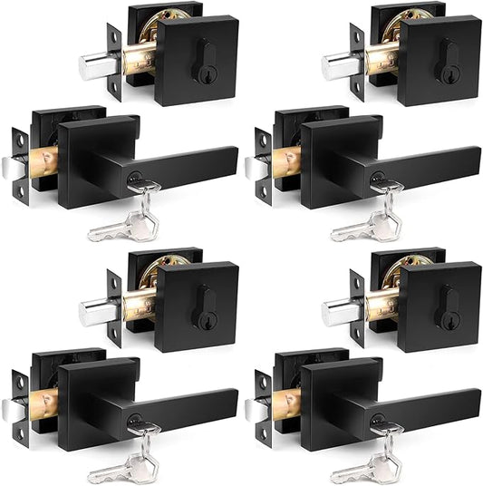 Probrico Square Keyed Entry Levers and Single Cylinder Deadbolts Combo Pack, Flat Black Heavy Duty Entrance Locksets for Office Bedroom and Front Door, 4 Pack Keyed Alike(All Same Keys)