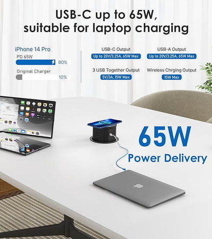 ANNQUAN 4.75" Pop Up Outlet with 65W USB-C,15W Wireless Charger,4 Outlets,3 USB Ports,Pop Up Countertop Receptacle Outlet for Home Office Kitchen