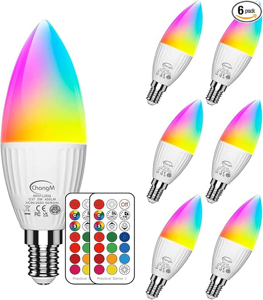 E12 LED Candelabra Light Bulbs 5W, Set of 6 Color Changing Candle Bulbs,Small Base B11 40W Incandescent Equivalent, 560 Lumen, RGB + 5700K Cool White, 12 Colors, 2 Modes, Timer, Remote Control