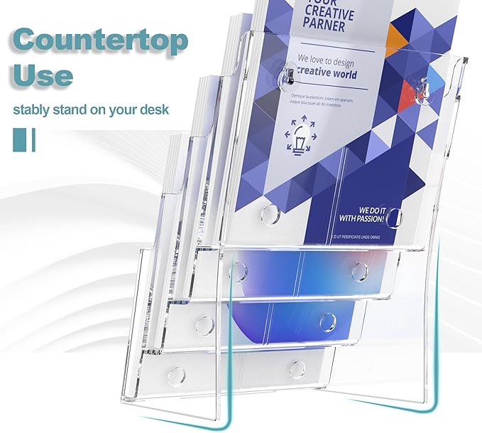 Brochure Holder 8.5x11 Inch 4 Tier with Removable Divider for 4x9 inch Clear Acrylic Pamphlet Display Stand Holder Countertop Use or Wall Mount for Office, Lobby, Hotel, Trade Show, 2 Pack