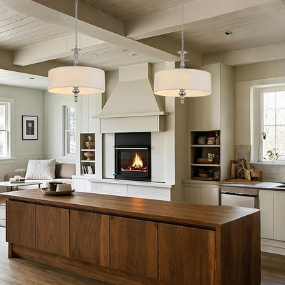 4-Light Drum Chandeliers, Drum Pendant Light Fixture Beige Linen Fabric Shade, Kitchen Chandeliers Over Table,Adjustable Hanging Light Fixture for Dining Room,Brushed Nickel