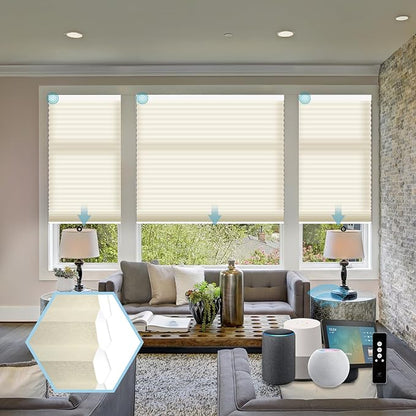 SmartWings Motorized Cellular Shades with Remote, Customized Electric Cordles Honeycomb Blinds Compatible with Alexa/Homekit/Google for Windows, 60% Blackout Single Cell Cream