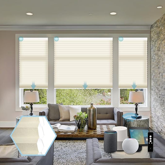 SmartWings Motorized Cellular Shades with Remote, Customized Electric Cordles Honeycomb Blinds Compatible with Alexa/Homekit/Google for Windows, 60% Blackout Single Cell Cream