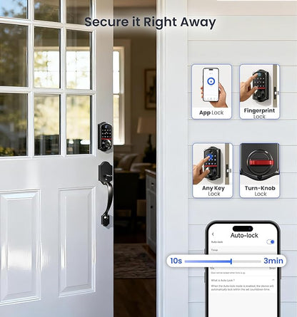 Veise VE017-H Fingerprint Smart Front Door Lock Set, App Control, Keyless Entry Deadbolt with Handle, Smart Deadbolt, Emergency Power Port, Touchscreen Keypad, Auto Lock, Easy Install, Matte Black