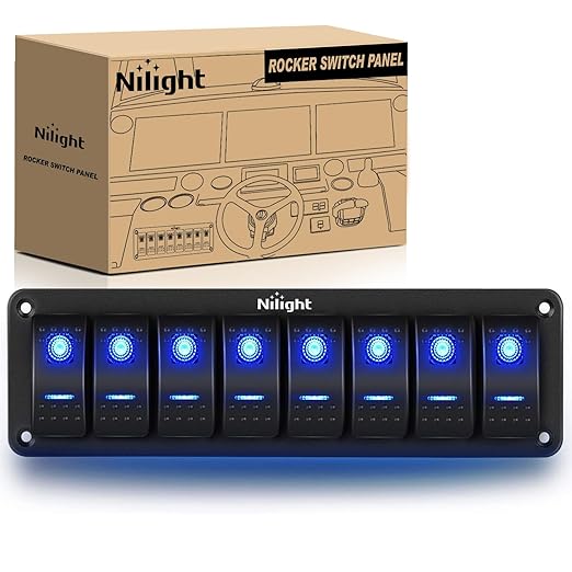 Nilight 8 Gang Aluminum Rocker Switch Panel Toggle Dash 5 Pin ON/Off Pre-Wired Rocker Switch Blue Backlit Switch for Automotive Car Marine Boat RV,2 Years Warranty