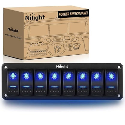 Nilight 8 Gang Aluminum Rocker Switch Panel Toggle Dash 5 Pin ON/Off Pre-Wired Rocker Switch Blue Backlit Switch for Automotive Car Marine Boat RV,2 Years Warranty