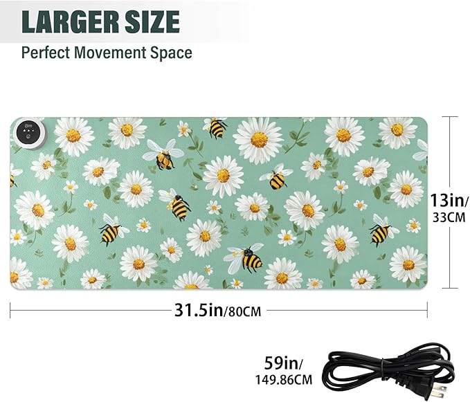 Heated Desk Pad Mouse Pad 31.5x13 Inch PU Leather Desk Mat with 3 Heat Levels Large Mouse Gaming Computer Laptop Mat Mint Green Daisy Flowers and Bees