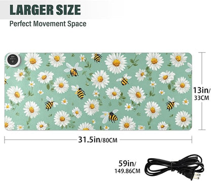 Heated Desk Pad Mouse Pad 31.5x13 Inch PU Leather Desk Mat with 3 Heat Levels Large Mouse Gaming Computer Laptop Mat Mint Green Daisy Flowers and Bees