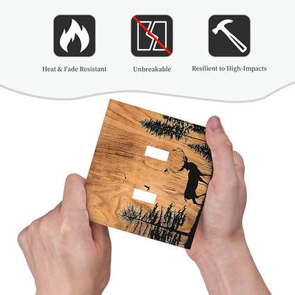 Decorative Switch Plates Rustic Farmhouse Orange Brown Pine Tree Deer Wood Grain 2 Gang Double Toggle Outlet Light Switch Cover Wall Plate Electrical Faceplate for living Room Cabin Decor