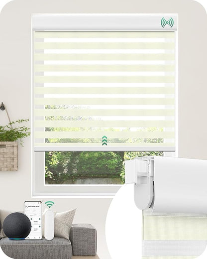 Allesin No Drill Motorized Zebra Blinds – Rechargeable Smart Dual Layer Shades with Cassette Cover, Ultra-Quiet Motor, Automatic Blind with Remote for Indoor Windows (Pearl White 33" W x 72" H)