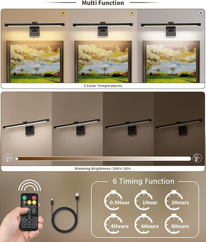 Joosenhouse Battery Operated Picture Lights for Wall Rechargeable Art Lighting for Paintings Wireless Gallery Lights with Remote Control and Timed Dimmable with Single Swing Arm 24.4 Inch Black