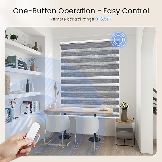 Grandekor Motorized Zebra Blinds with Remote Control,Smart Zebra Blinds for Windows,Electric Zebra Shades, Hemp Grey,24" W x 72" H
