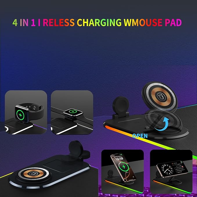 15W Fast Wireless Charging Mouse Pad, XXL RGB Gaming Desk Mat (31.5x15.7in) with Power Adapter & USB-C Cable，15 RGB Light Modes Desk Mat, Waterproof Keyboard Pad for PC/MacBook/Laptop (Black)