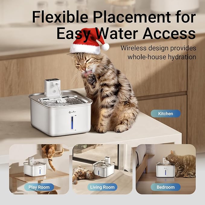 DownyPaws Cat Water Fountain Stainless Steel Wireless, 101 oz/3L FurSink Cordless Water Fountain for Cats, Battery Operated Cat Fountains for Drinking with Motion Sensor, Easy Clean, White
