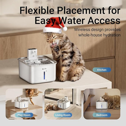 DownyPaws Cat Water Fountain Stainless Steel Wireless, 101 oz/3L FurSink Cordless Water Fountain for Cats, Battery Operated Cat Fountains for Drinking with Motion Sensor, Easy Clean, White