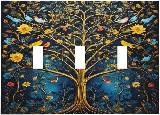 Gold Tree With Birds Flowers on Branches Light Switch Covers 3 Gang Triple Toggle Wall Plate Decorative Switchplate Electrical Faceplate for Farmhouse Living Decor