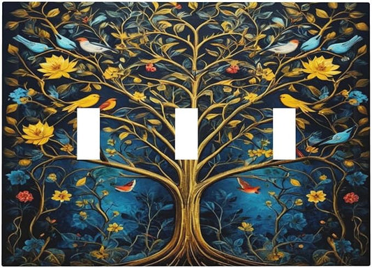 Gold Tree With Birds Flowers on Branches Light Switch Covers 3 Gang Triple Toggle Wall Plate Decorative Switchplate Electrical Faceplate for Farmhouse Living Decor