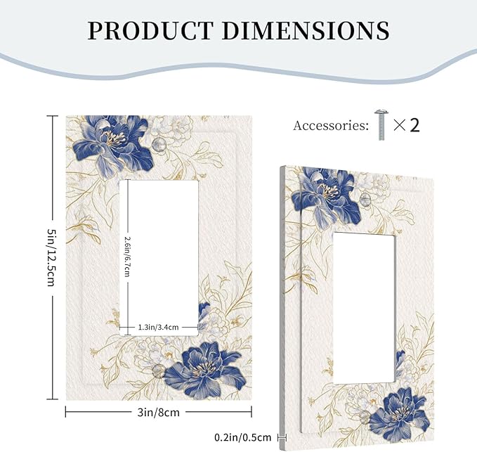 Decorative Outlet Covers Rustic Blue Flower Floral Gold Leaf 1 Gang Rocker Light Switch Cover Plate Single Wall Plates for Electrical Outlets Switch Plate Covers Faceplate for Home Decor