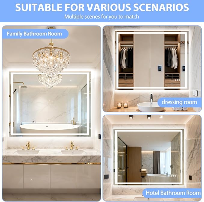 24" Round LED Bathroom Mirror with Anti-Fog & Touch Switch - 60x60cm Wall-Mounted Makeup Vanity Mirror, No Drilling Required, Smart Display (Square)