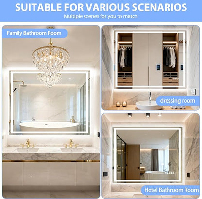 24" Round LED Bathroom Mirror with Anti-Fog & Touch Switch - 60x60cm Wall-Mounted Makeup Vanity Mirror, No Drilling Required, Smart Display (Square)