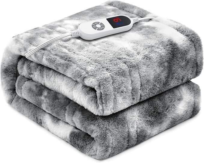 Electric Heated Blanket 50"x60",Luxury Grey Faux Rabbit Fur Electric Throw Blanket,Fast Heating Soft Fluffy Thick Electric Blanket with 6 Heating Levels & 12H Auto Off