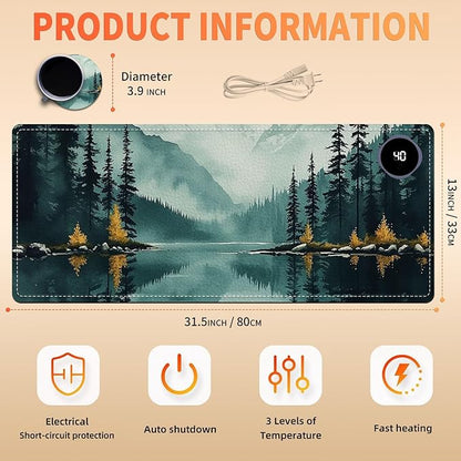 Heated Mouse Pad 31.5x13 in 3-Temp Fast Heating Desk Mat with Auto Timer Warmer for Hands Wrist Pain Relief Waterproof Keyboard Mat for Office, Gaming, Home, Forest Reflections
