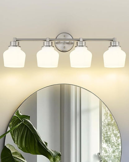 Emak Brushed Nickel Bathroom Light Fixtures Over Mirror, Modern 29 Inch Milk Glass Vanity Light, 4-Light Wall Sconces for Bathroom, Mirror, VL122-BN-ML-4
