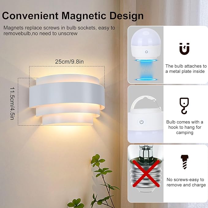 Lightess Battery Operated Wall Sconces Set of 2, Dimmable Rechargeable Wall Lights with Remote Control, Sconces Wall Decor Set of 2 with Bulbs for Bedroom Living Room, White