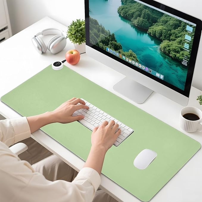 Green Heated Desk Pad Mouse Pad 31.5x13 Inch PU Leather Desk Mat with 3 Heat Levels Large Mouse Gaming Computer Laptop Mat