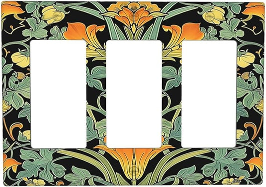 Light Switch Covers William Morris Vintage Floral Green Yellow 3 Gang Rocker Electrical GFCI Decorative Triple Outlet Wall Plate Cover Switchplate for Bedroom Home Decor
