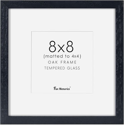 Fun Memories 8x8 Oak Wood Picture Frame in Black, 8"x8" Photo Frame for Wall, Square Frames 8x8 with Stand for Tabletop Display, Real Tempered Glass, 8 x 8 Picture Frames (Black Color, 1 Pack)