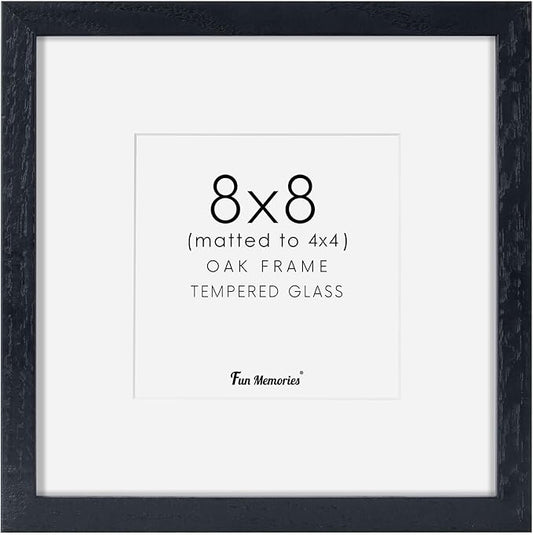 Fun Memories 8x8 Oak Wood Picture Frame in Black, 8"x8" Photo Frame for Wall, Square Frames 8x8 with Stand for Tabletop Display, Real Tempered Glass, 8 x 8 Picture Frames (Black Color, 1 Pack)