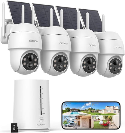 COOAU 4MP Cameras for Home Security, Solar Security Camera Wireless Outdoor System,4 Cam-Kit,360° Pan & Tilt,Color Night Vision,Motion Detection,No Monthly Fee,Siren Alarm,IP66,64GB Memory Card