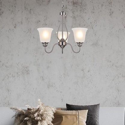 3 Light Chandelier with Brushed Nickel Finish, Classic Style Ceiling Light Fixture with Frosted Glass Shade for Meeting Room Dining Room Living Room Corridor, LED Bulb(not Include)