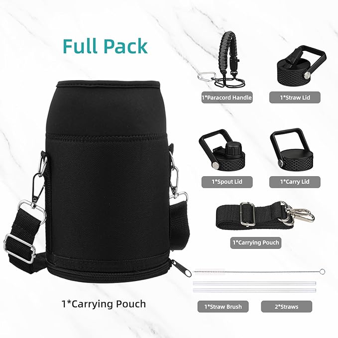 Half Gallon Insulated Water Bottle with Straw,64 oz 3 Lids Water Jug with Carrying Bag,Paracord Handle,Double Wall Vacuum Stainless Steel Metal Flask,Gray