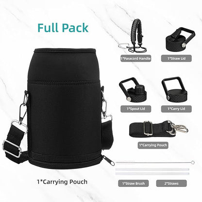 Half Gallon Insulated Water Bottle with Straw,64 oz 3 Lids Water Jug with Carrying Bag,Paracord Handle,Double Wall Vacuum Stainless Steel Metal Flask,Black